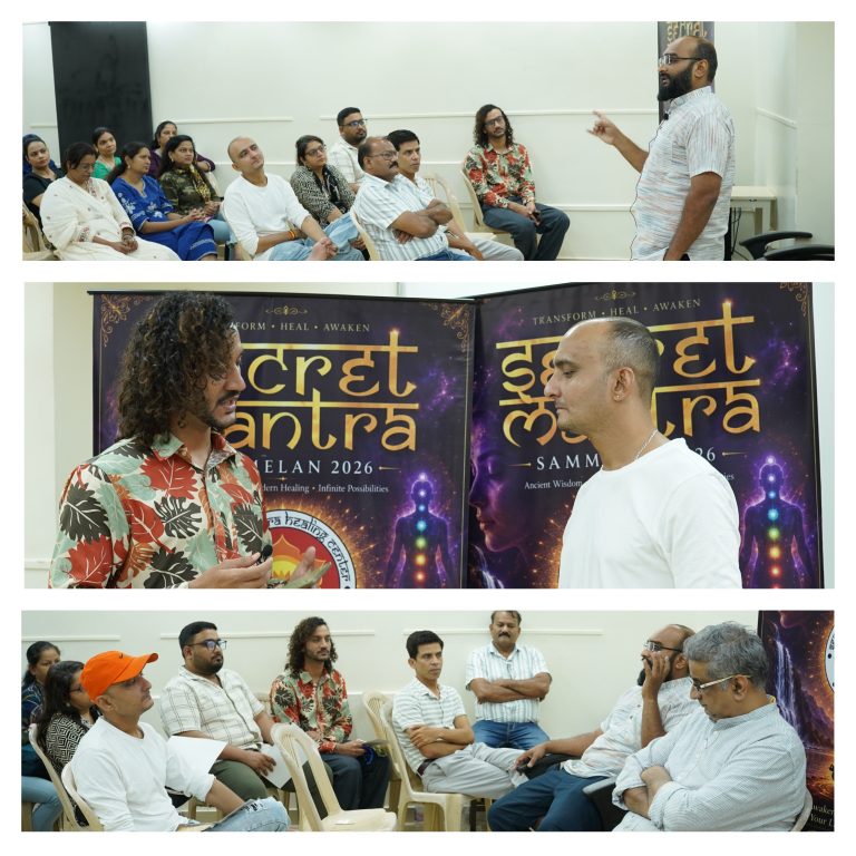 Panel discussion and audience at the Secret Mantra Sammelan spiritual conference